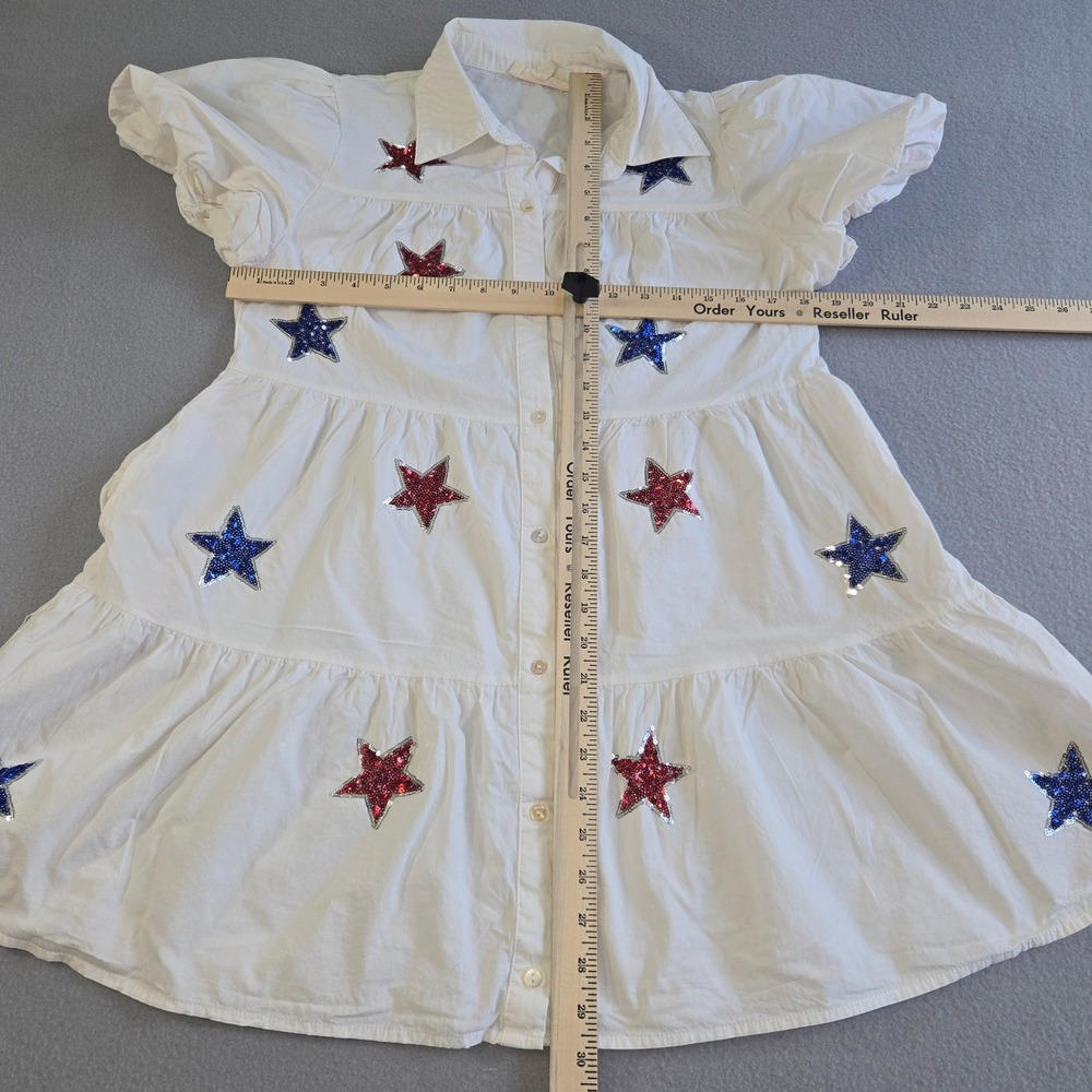 Peach Love California Sequin Star Shirt Dress Women Small White Patriotic Puff S - Picture 7 of 7